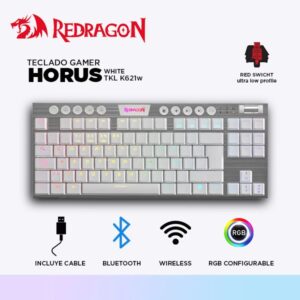 TECLADO MECANICO GAMER REDRAGON HORUS TKL K621W-RGB-SP WHITE WIRELESS RED SWITCH