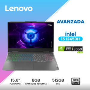 Laptop Gamer Lenovo LOQ 15IRH8, 15.6" FHD IPS / Intel i5 12450H 2.0 - 4.4GHz / RTX 3050 6GB / RAM 8GB DDR5-4800 / SSD 512GB - FREEDOS