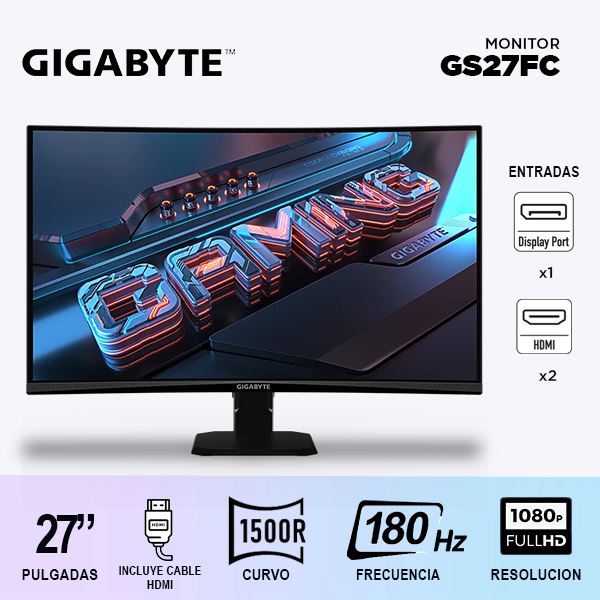 MONITOR GAMING GIGABYTE GS27FC 27" / 180hz/ CURVO/ FULLHD / 1ms