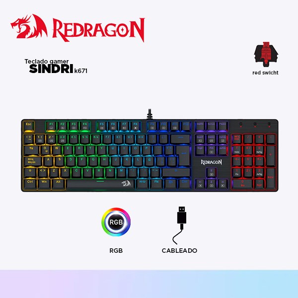 Teclado Redragon SINDRI K671 Cableado Español - RED SWITCH