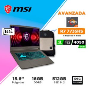 LAPTOP - NOTEBOOK MSI THIN A15 B7VE PANTALLA 15.6" FHD IPS 144HZ / R7-7735HS / RTX4050 6GB / RAM 16GB DDR5 / SSD 512GB NVME / FREEDOS
