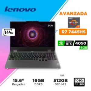 LAPTOP LENOVO LOQ 15ARP9, 15.6" FHD IPS / AMD RYZEN 7-7435HS 4.5 GHz / RTX 4050 6GB / RAM 16GB DDR5-4800 / SSD 512GB NVME  / FREEDOS (83JC00MMLM)