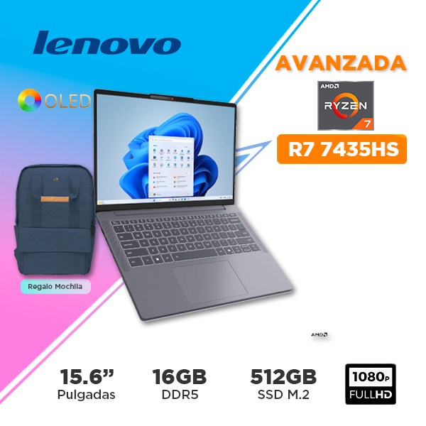 Laptop Lenovo IdeaPad Slim 3, 14" WUXGA OLED / AMD Ryzen 7 7735HS hasta 4.75GHz / RAM 16GB DDR5 / 512GB SSD (83K600B6LM)