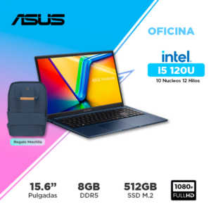 Laptop ASUS Vivobook 15, X1504VA-BQ4164, 15.6" FHD IPS, Intel Core 5-120U hasta 5.0GHz / RAM 8GB DDR5 / SSD 512GB (90NB13Y1-M03BF0)