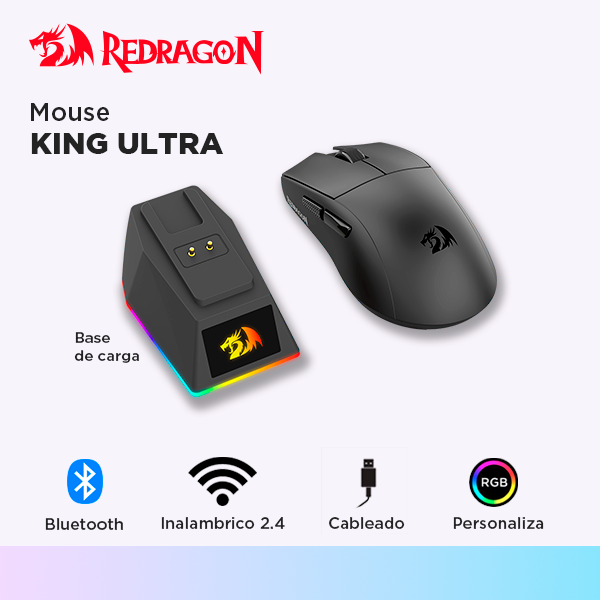 MOUSE REGADRON K1NG M999 ULTRA BLACK - WIRELESS (2.4Ghz / BT / CABLE) incluye base de carga